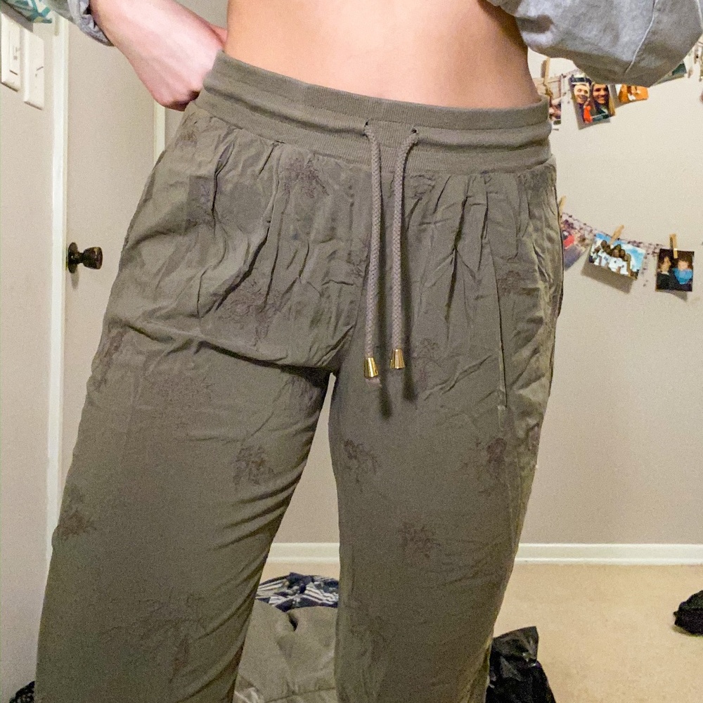Detailed Army Green Flowy Pants
